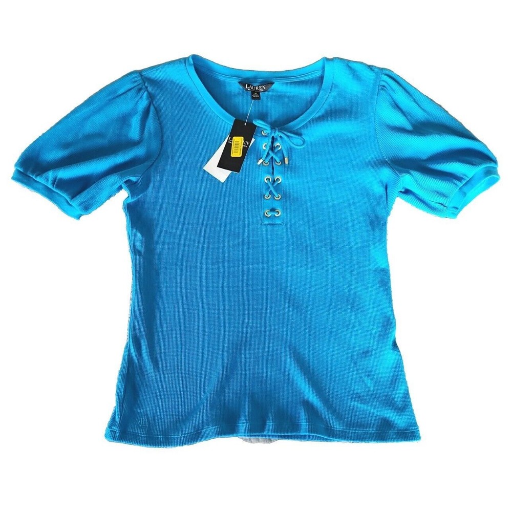 Lauren Ralph Lauren Shirt Womens Medium Blue Short Sleeve Drawstring V Neck Knit